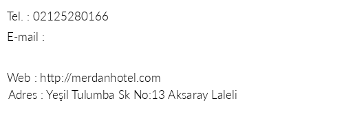 Hotel Merdan Laleli telefon numaralar, faks, e-mail, posta adresi ve iletiim bilgileri